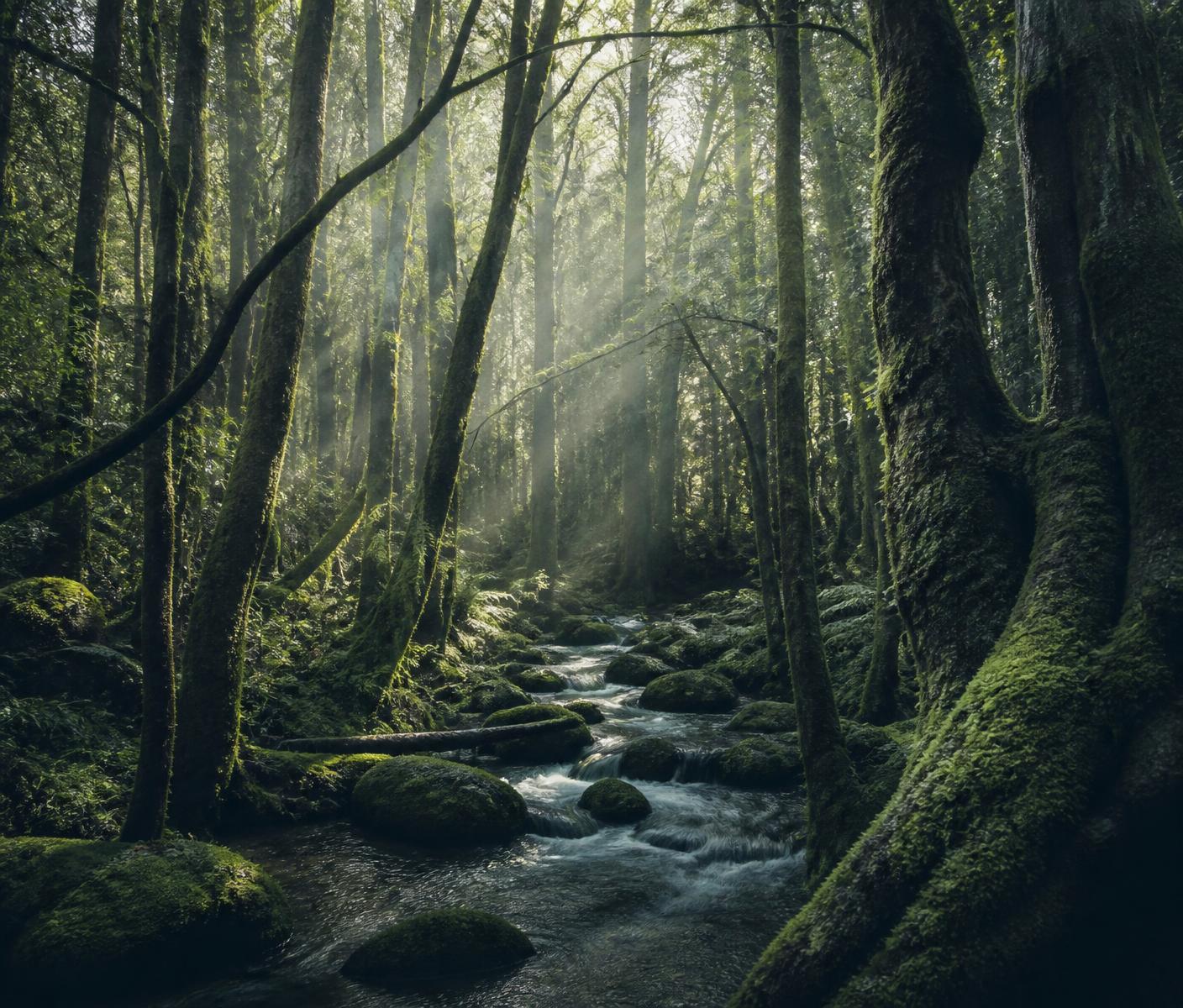 Ancient Tasmanian rainforest with a river running through moss-covered myrtles